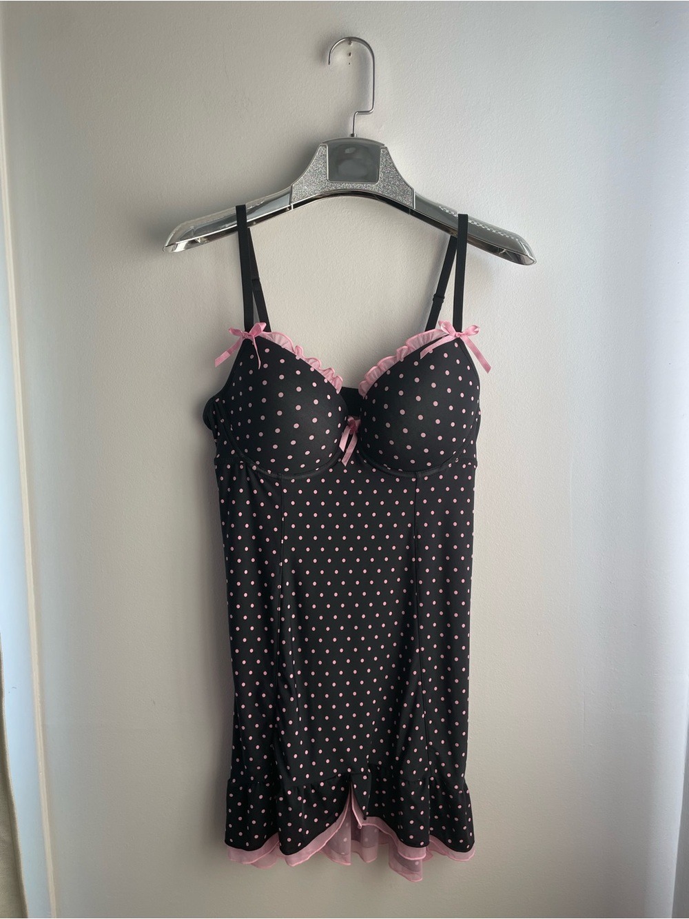 Black Slip Dress with Pink Polka Dots and Ruffle Trim-Adjustable-Coquette